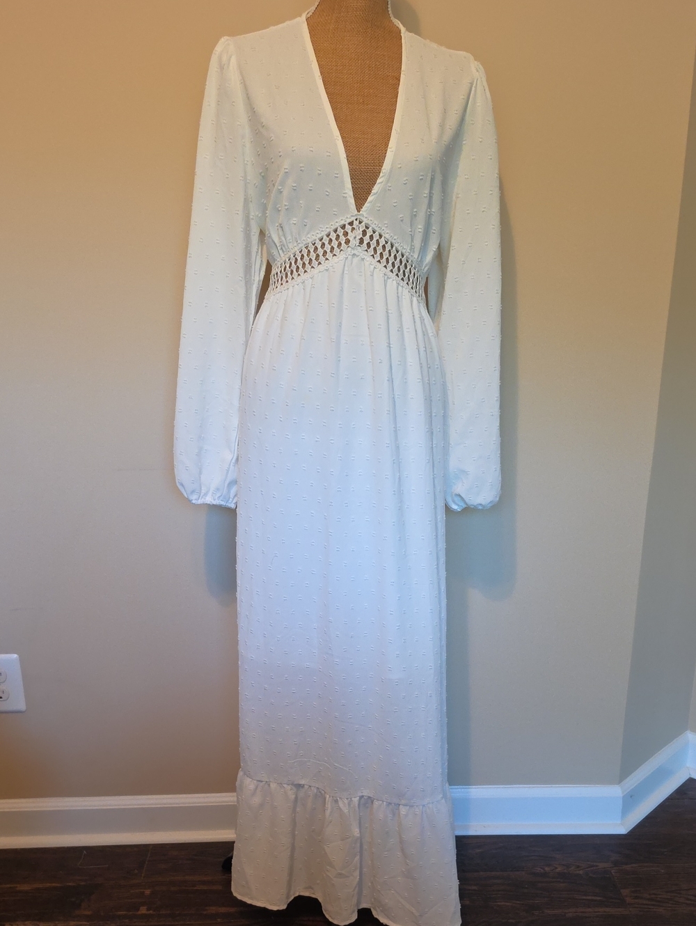White Long Sleeve V-Neck Maxi Dress with Crochet Waist